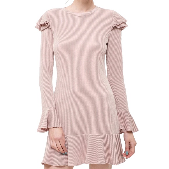 Blu Pepper Rib Knit Sheath Ruffle Mini Dress Junior Size Medium Pink Long Sleeve - Picture 3 of 4